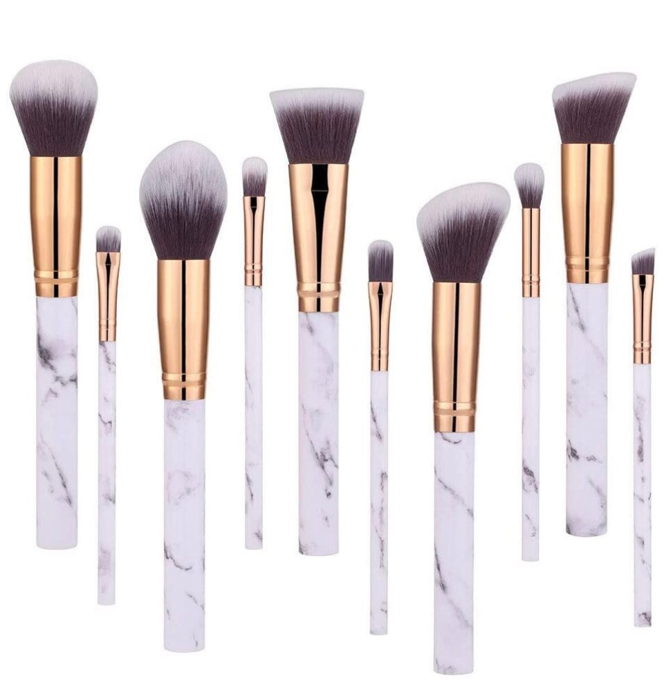 10 Piece Marble Style Professional Makeup Brush Cosmetic Set - Black
