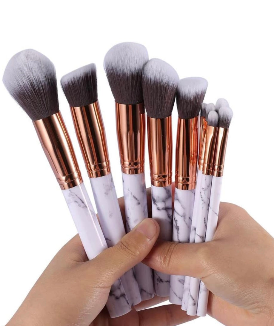 10 Piece Marble Style Professional Makeup Brush Cosmetic Set - Black